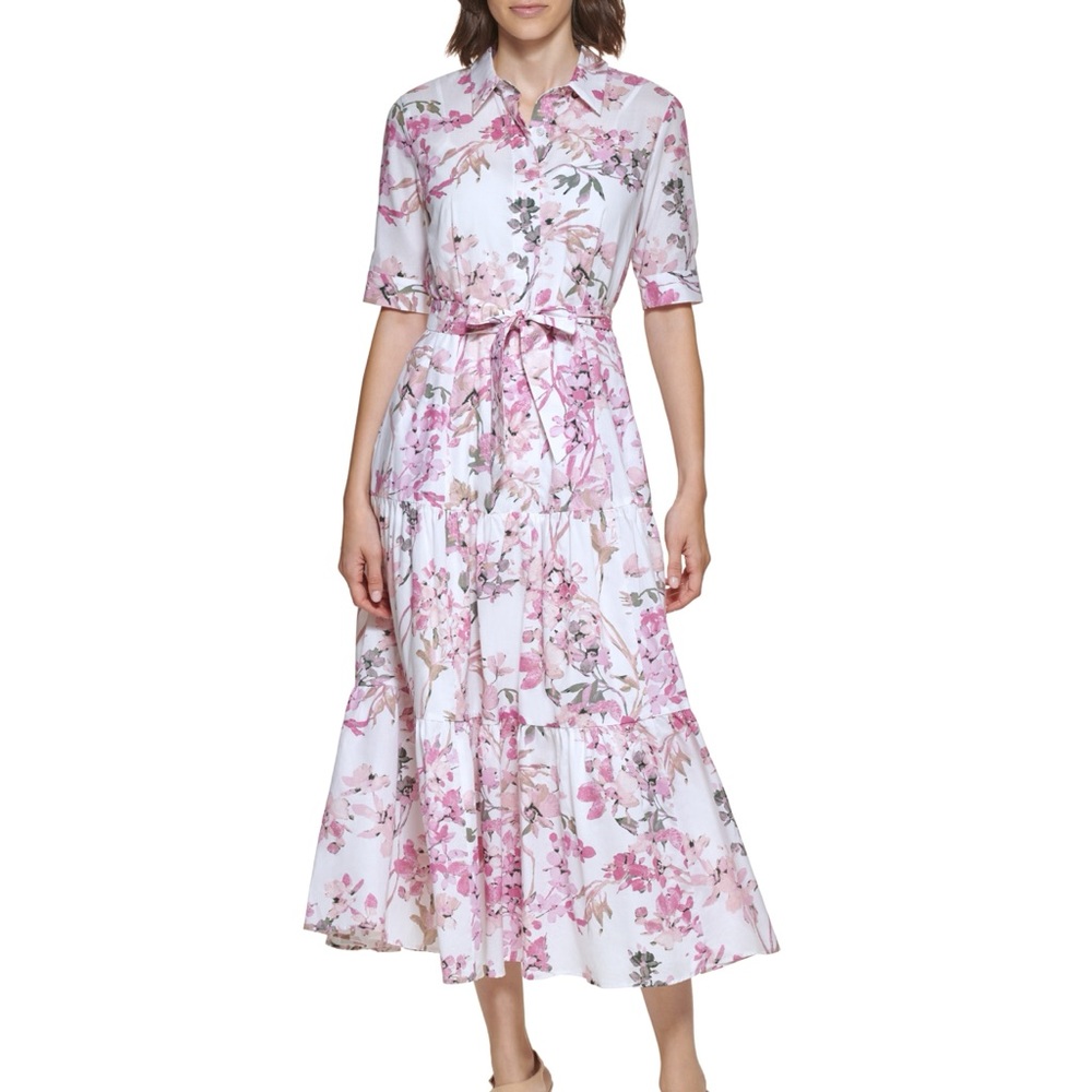 Calvin Klein pink floral maxi with tie and button up
